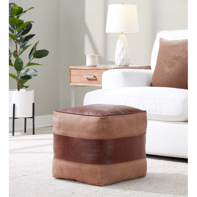 Élégant repose-pieds carré en cuir espresso et en toile brun clair pour siège et repose-pieds de style industriel, Tan