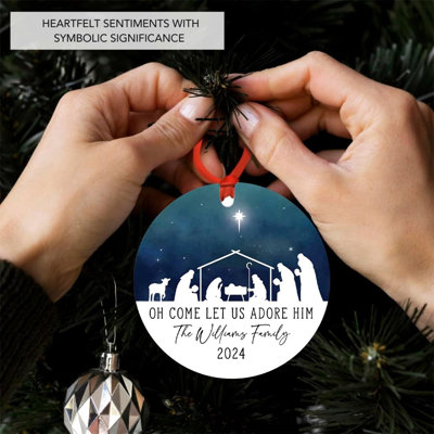 Custom Metal Nativity Ornament Oh Come Let Us Adore Him With Family Name Christmas Tree Decoration For Kids And Adults