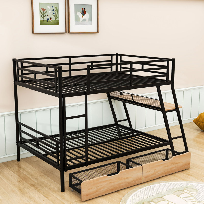 Full Over Full Metal Bunk Bed With Built-In Desk, Storage Drawers, And LED Rail Light