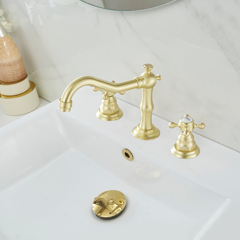 8 In. Widespread 2-Handle 3-Hole Bathroom Faucet With Drain Kit And Cupc Water Supply Lines In, Brushed Gold