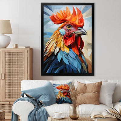«Cubic Colorful Rooster Collage III», art mural animal de poule