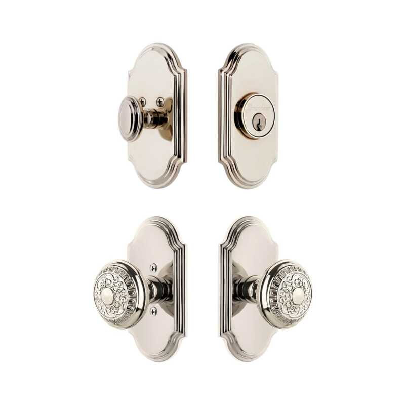 Ensemble de petites plaques d'entrée Grandeur Arc avec bouton Windsor en nickel poli, 2.375", Polished Nickel