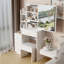 Petite coiffeuse 29,2 po avec tabouret de chevet gauche + tabouret rembourré, très grand miroir coulissant à droite, rangement multi-couches à grande capacité, commode pratique et pratique, convient aux petits espaces