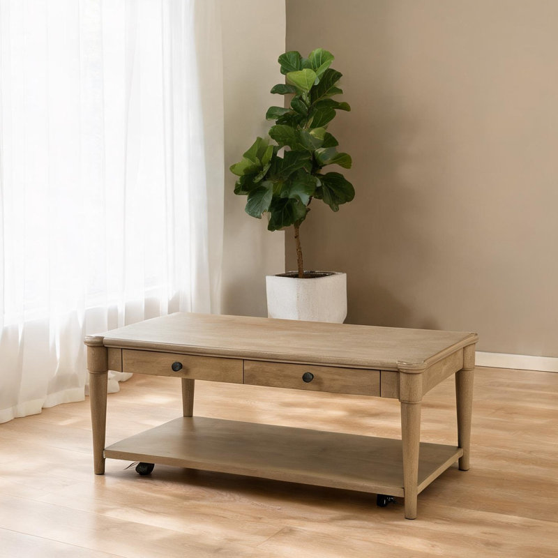 Table basse en bois massif sable avec tiroirs de rangement et roulettes, transitionnel décontracté