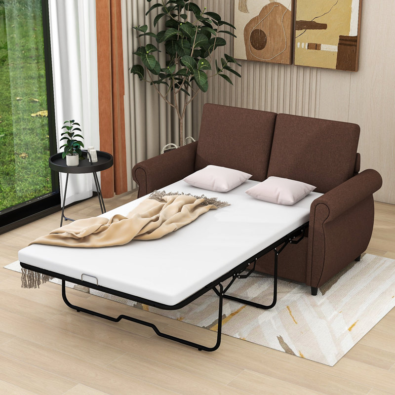 Divan-lit tapissier Abrian, canapé-lit escamotable, causeuse avec matelas simple, Brun