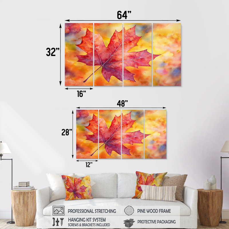 Feuille d'érable d'automne I - feuilles, art mural traditionnel, 4, H 28 po x l 48 po