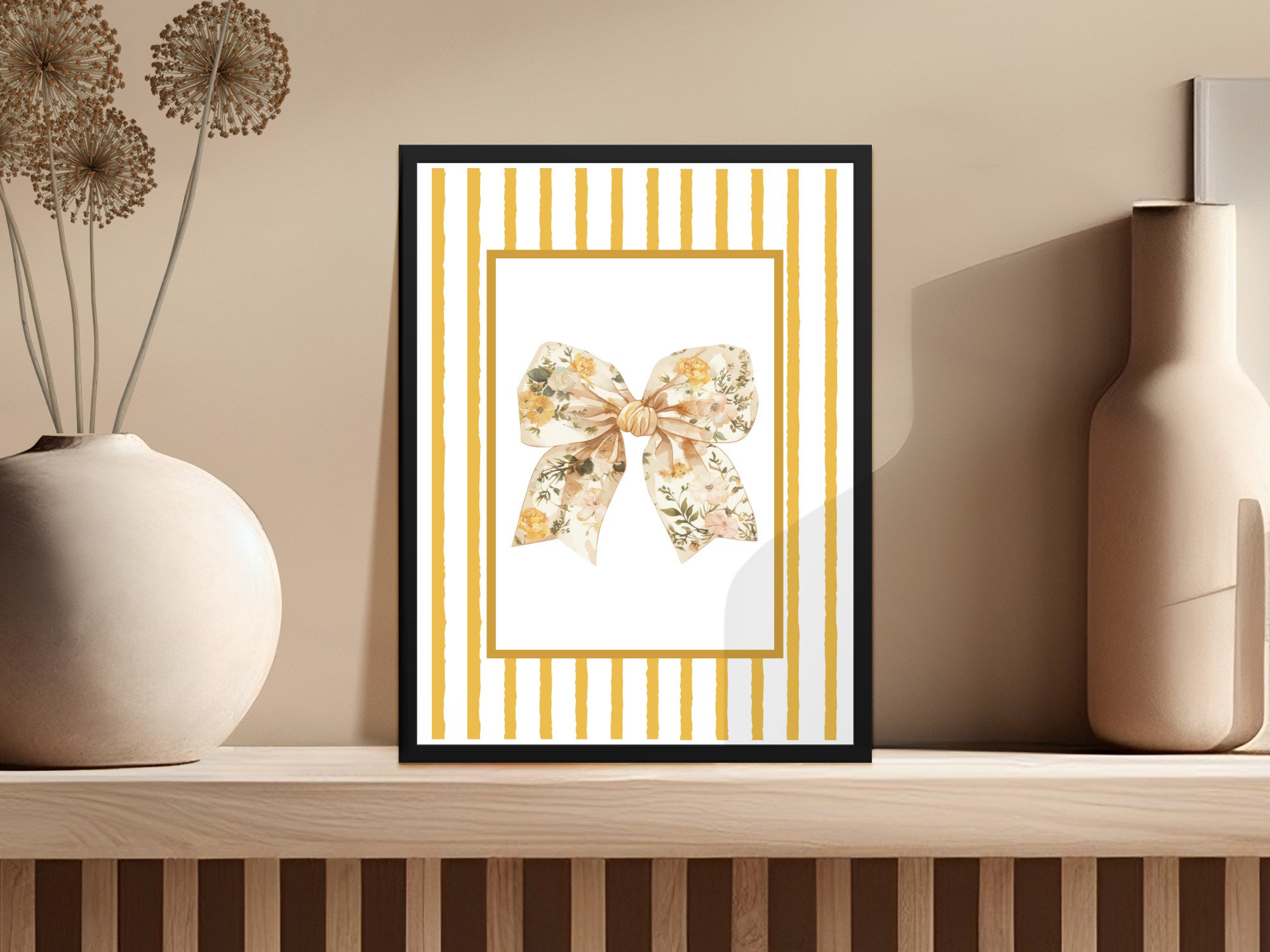Lark Manor Golden Stripes with Floral Bow Design Home Interior Framed ...