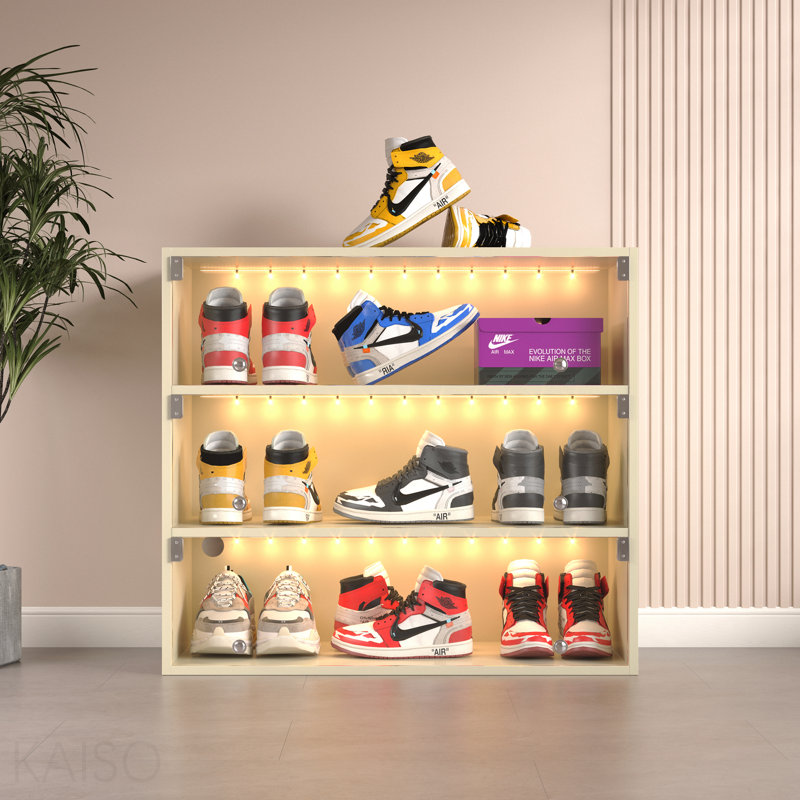 Off White Led Light Shoe Box Three Layers With Glass Doors, Off White