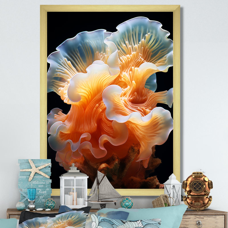Anémone colorée, récif II - plage et océan, impressions sur toile, Cadre doré simple, H 32 po x l 16 po
