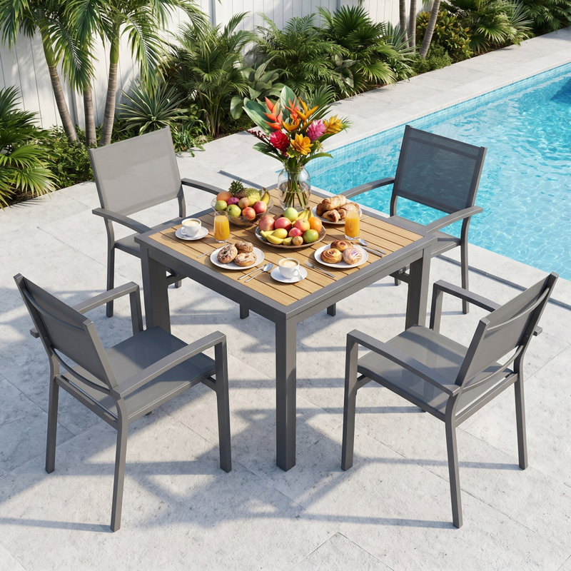 Abshire 5-Piece Outdoor Dining Set, 4-Person Outdoor Table and Chairs with Square HDPS Top & Weather-Resistant Metal Frame, All-Weather Patio Dining Set for Backyard, Deck, Garden