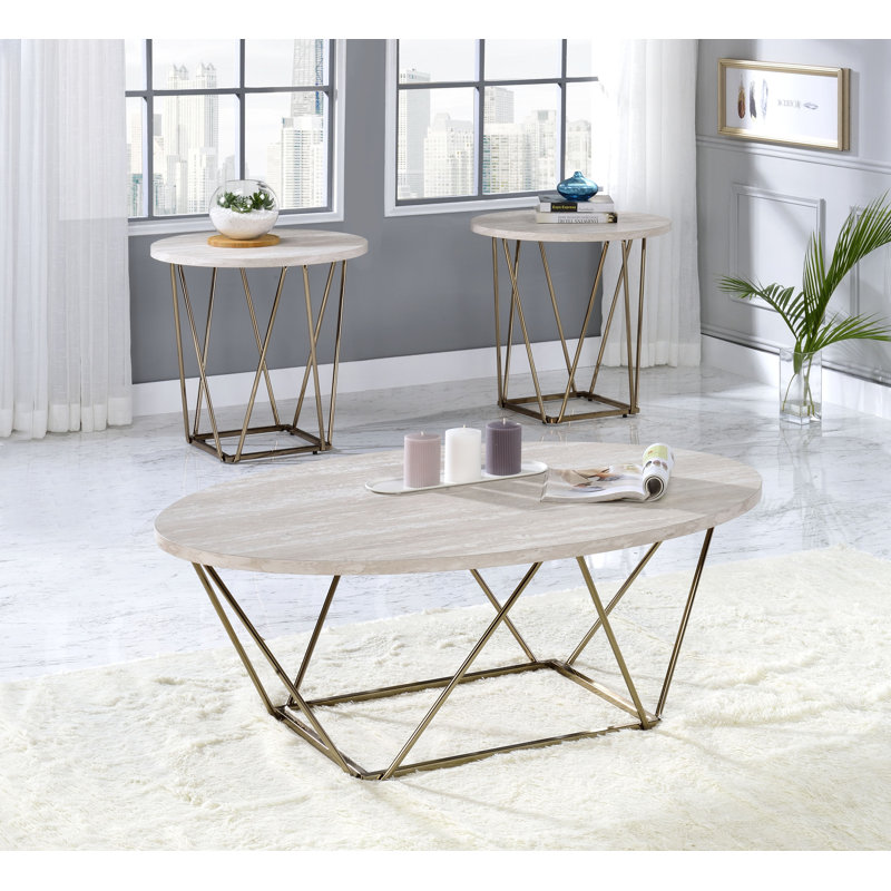 Rowyn - Ensemble de table 3 pièces, plateau en faux marbre - Blanc