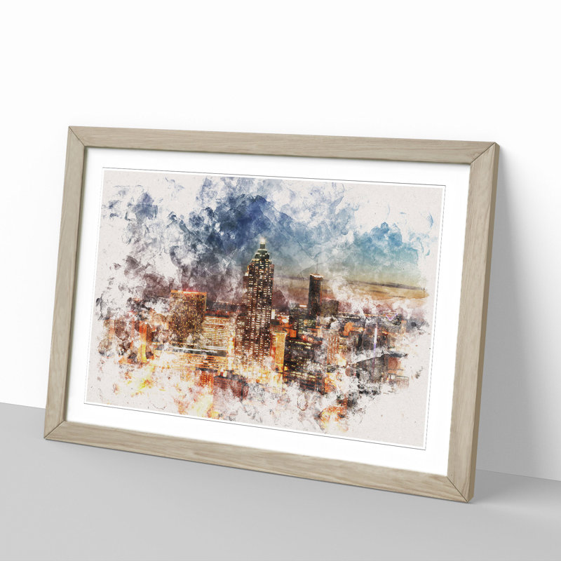 Atlanta Georgia Skyline Watercolour - Picture Frame Graphic Art, 36cm H x 48cm W x 2cm D, Oak