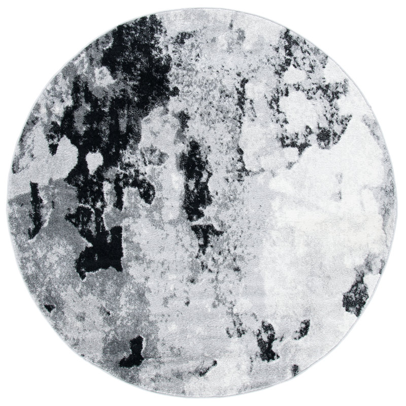 Tapis gris / noir en polypropylène tissé à la machine à motif abstrait Leonaldo, Rond 4 pi