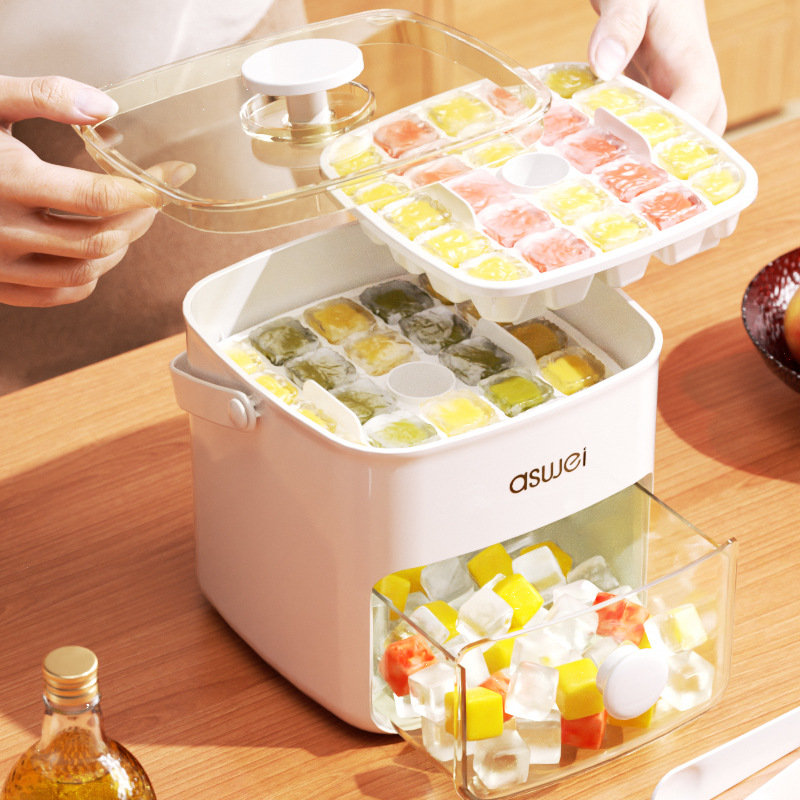 Food Grade Ice Cube Tray, Large Capacity Ice Maker with Storage Box, Press Type Ice Mold for Freezer, Home Use - White