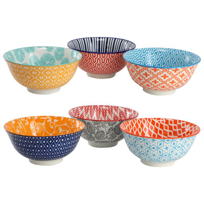  Terra 6 Piece Assorted Design 20oz Porcelain Footed Bowl Set in Multicolor