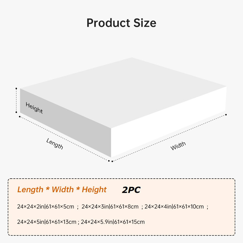 2PC Square High Density Foam - Cuttable DIY for Sofa, Dining Chair, Floor & Creative Projects,24"x24"x3",White, 3"
