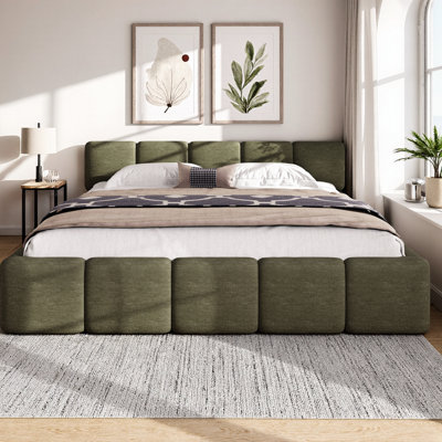 King Size Platform Bed with Thick Linen Headboard and Footboard, Upholstered Grounded Block Design, Solid Wood Support, No Box Spring Needed, 800 lb Capacity