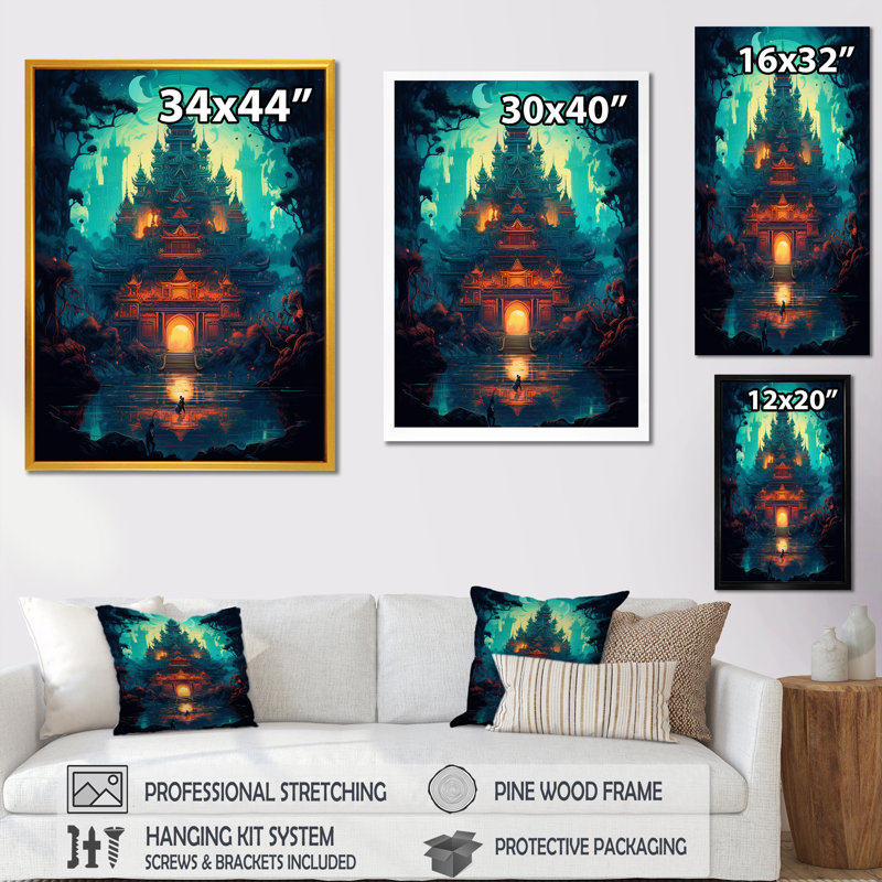«Magical Buddhist Temple Dreamscape I», reproduction sur toile, Cadre flottant noir, H 44 po x l 34 po x P 1,5 po