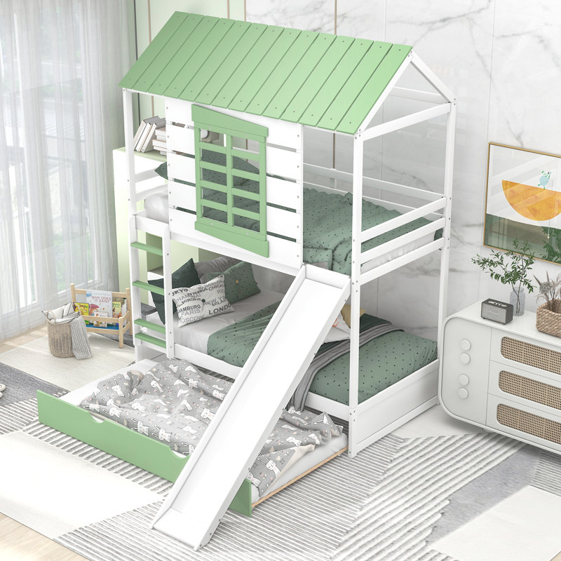 Lit superposé simple au-dessus de simple avec glissière convertible et lit gigogne, blanc et vert