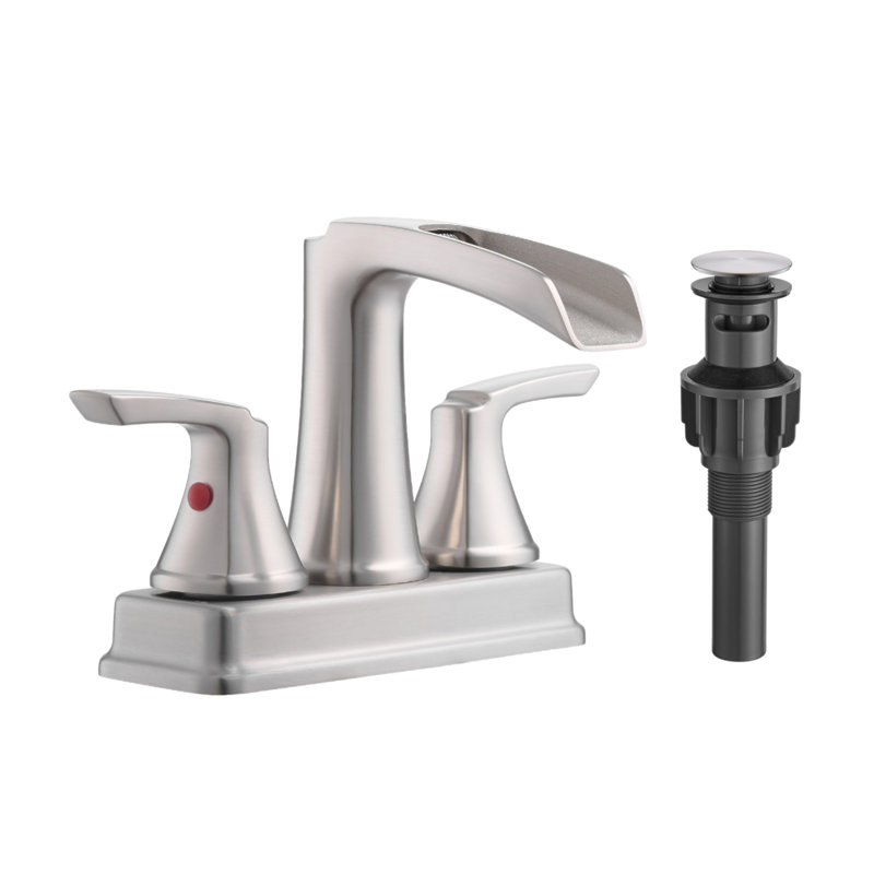 Robinet de salle de bain en nickel brossé - Robinet à cascade central de 4 pouces avec 2 poignées, bec pivotant à 360 degrés, lavabo à 3 trous, bonde escamotable