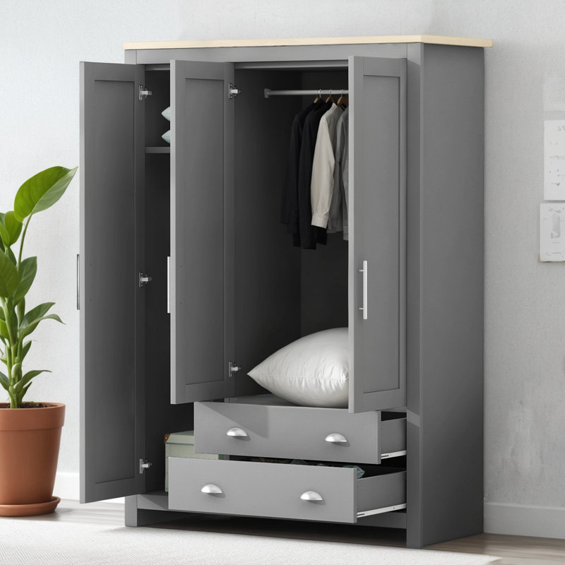 Armoire de rangement pratique à trois portes grise avec armoires et deux rails de suspension pour un espace de rangement optimisé
