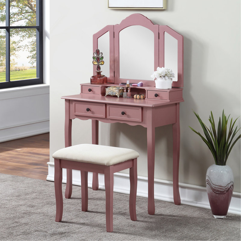 Ensemble coiffeuse et tabouret en bois Sanlo, Or rose