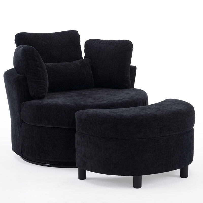 Swivel Armchair with Footstool, Black Chenille