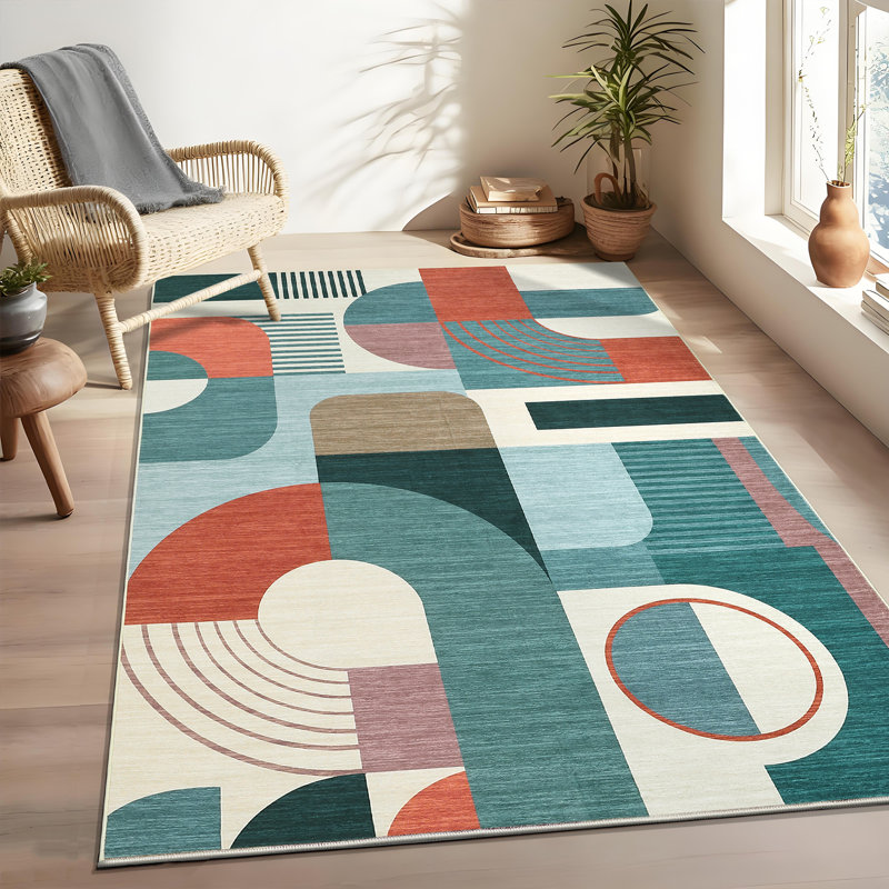 Boho Geometric Machine Washable Rug with Rubber Backing Soft Low Pile Non Slip Carpet for Living Room Bedroom