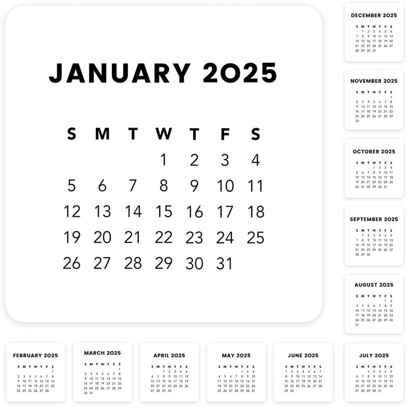 Moderne blanc noir petit planificateur d'étiquettes petit carré 24 pour 2025 12 pour 2026 calendrier 4 notes