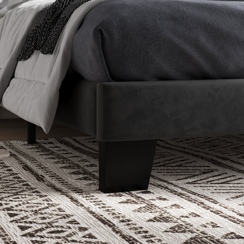 Lit plateforme Elison avec tête de lit tapissier en tissu et lattes en bois, Très grand, Noir