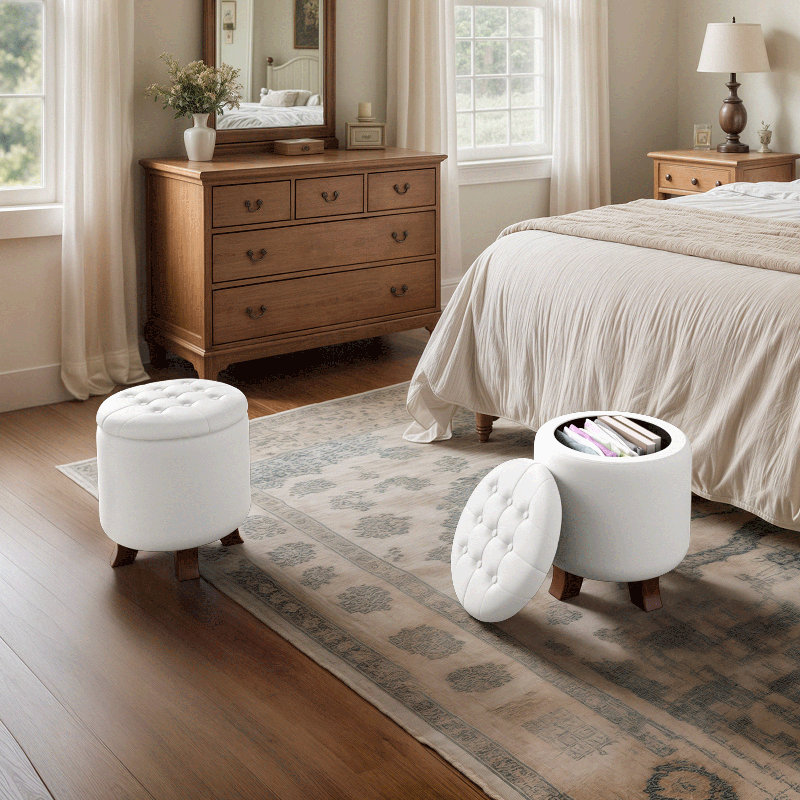 Storage Ottoman With Padded Seat, Modern PU Leather Footrest, Round Stool For Living Room Bedroom, White
