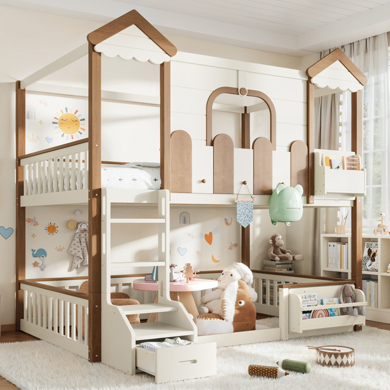 Lit superposé avec rangement, bibliothèque et maisonnette, détachable et peu encombrant, Beige,Natural