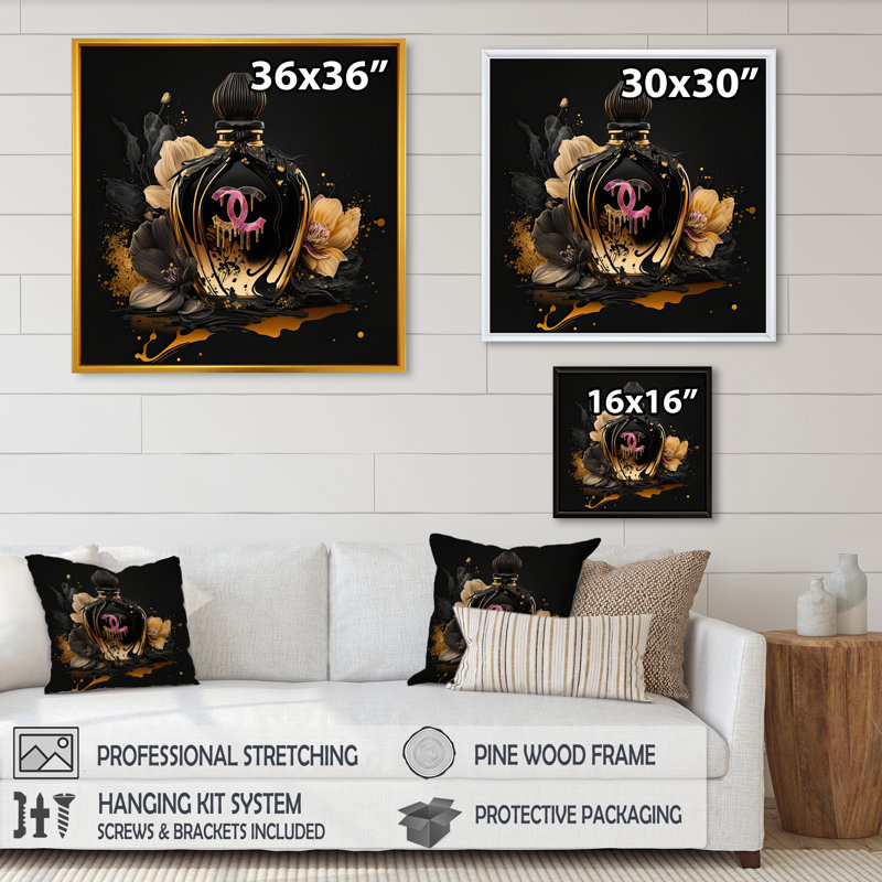 «Chic Black and Gold Perfume Bottle II», impression sur toile, H 36 po x l 36 po x P 1,5 po, Cadre flottant noir