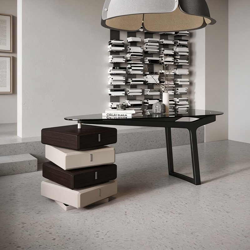 Bureau de direction moderne de 180 cm, bureau d'ordinateur asymétrique noir avec caisson suspendu à 4 tiroirs et piètement ajouré, bureau bicolore pour bureau à domicile