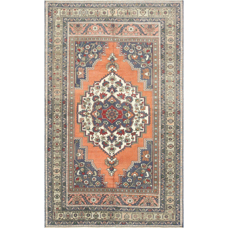 One-of-a-Kind Hand-Knotted 1960s 5'9" x 9'4" Wool Area Rug in Orange/Blue