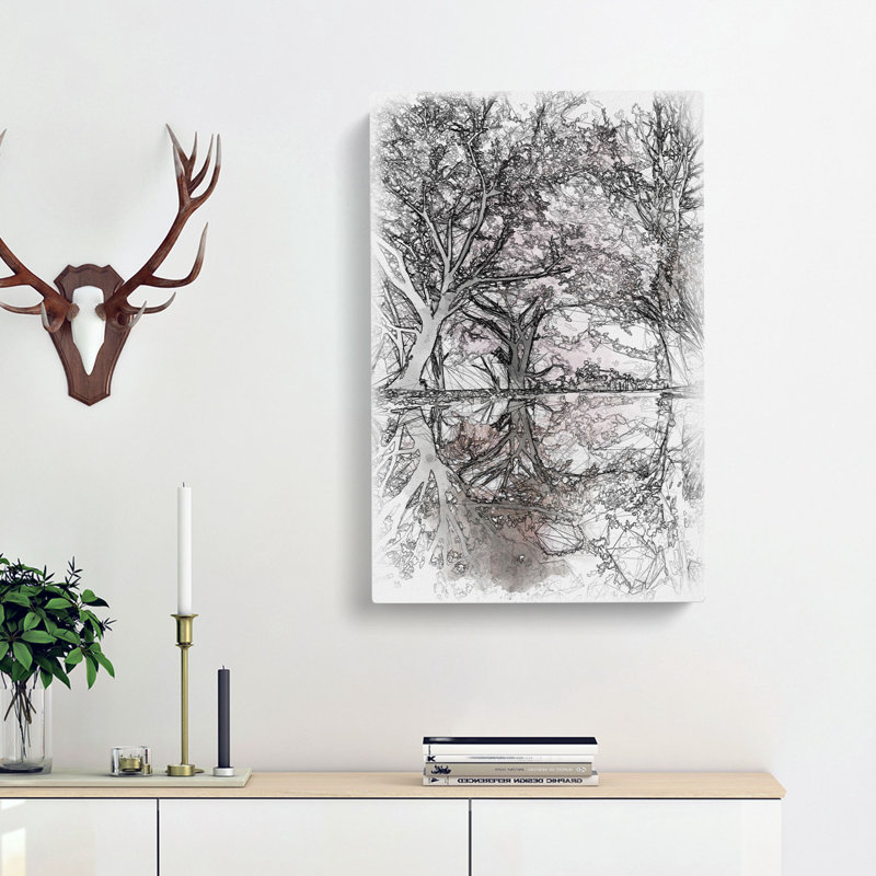 Reflection of the Pink Blossom Trees - Wrapped Canvas Drawing - Wrapped Canvas, 45cm H x 30cm W x 4cm D