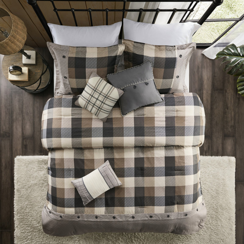 Édredon très grand à chevrons, imprimé à carreaux Buffalo, 2 taies décoratives assorties, 3 coussins décoratifs, jupe de lit, très grand lit 7 pièces, facile d'entretien