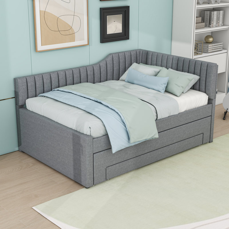 Upholstered Daybed with Trundle and Drawers, Gray, Full/Double