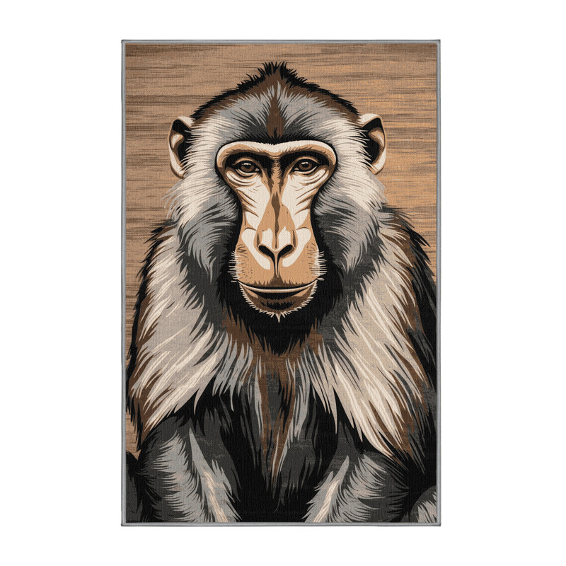 Washable Olive Baboon Wildlife Area Rug, Runner 2' x 4'