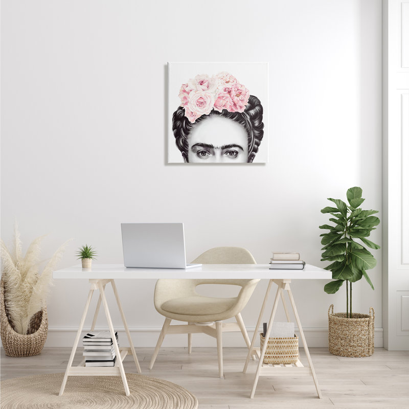 Portrait de Frida avec des roses roses, H 24 po x l 24 po, Toile tendue