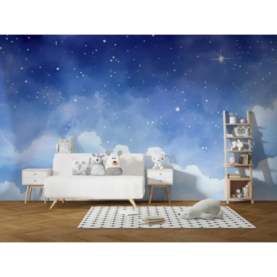 Kids Blue Starry Night Sky Wall Mural – Watercolor Cloud Star Nursery Dreamy Panoramic Accent Wall Decor