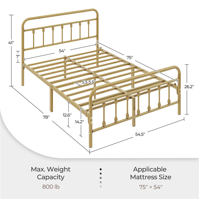 Classic Metal Platform Bed Iron Open-Frame Bed with High Headboard and Footboard, Full, Antique Gold