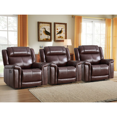  38.98'' Wide Modern Soft Breathable Standard Genuine Leather Manual Recliner Chair (Set of 3)