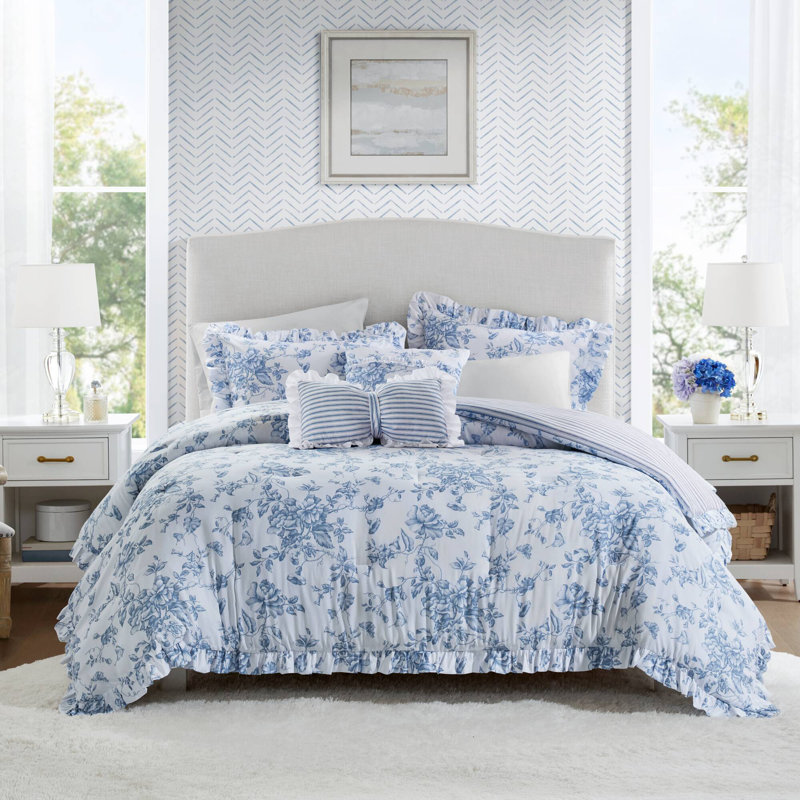 Ensemble d'édredon 5 pièces avec coussins décoratifs Adele, Motif floral bleu