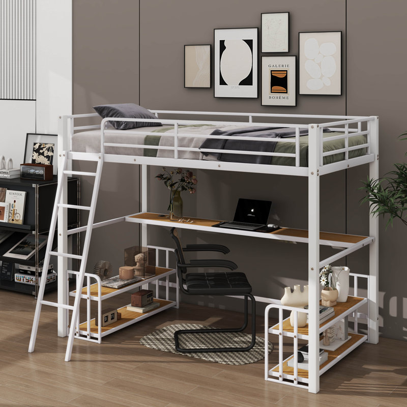 Lit mezzanine moderne en métal avec bureau d'étude intégré, Lit simple