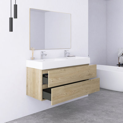 48 Inch Evita Oak Wall Mounted Double Basin Bathroom Cabinet