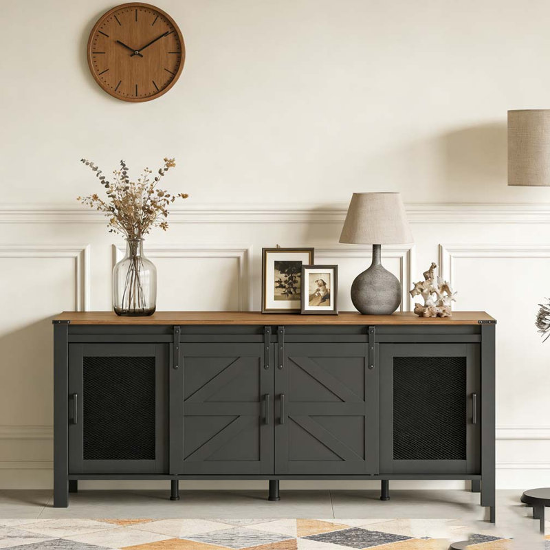 59.3''Sideboard with Sliding Barn Door and Mesh Panels,Farmhouse Buffet with Open Storage, Black