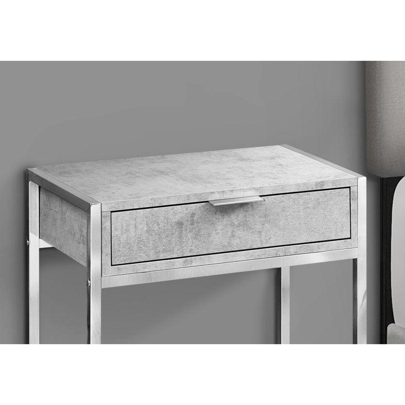 Table d'appoint moderne avec plateau rectangulaire spacieux gris, tiroir de rangement et structure en métal pour le salon de la chambre Base contemporaine en stratifié décoratif, tablette inférieure ouverte