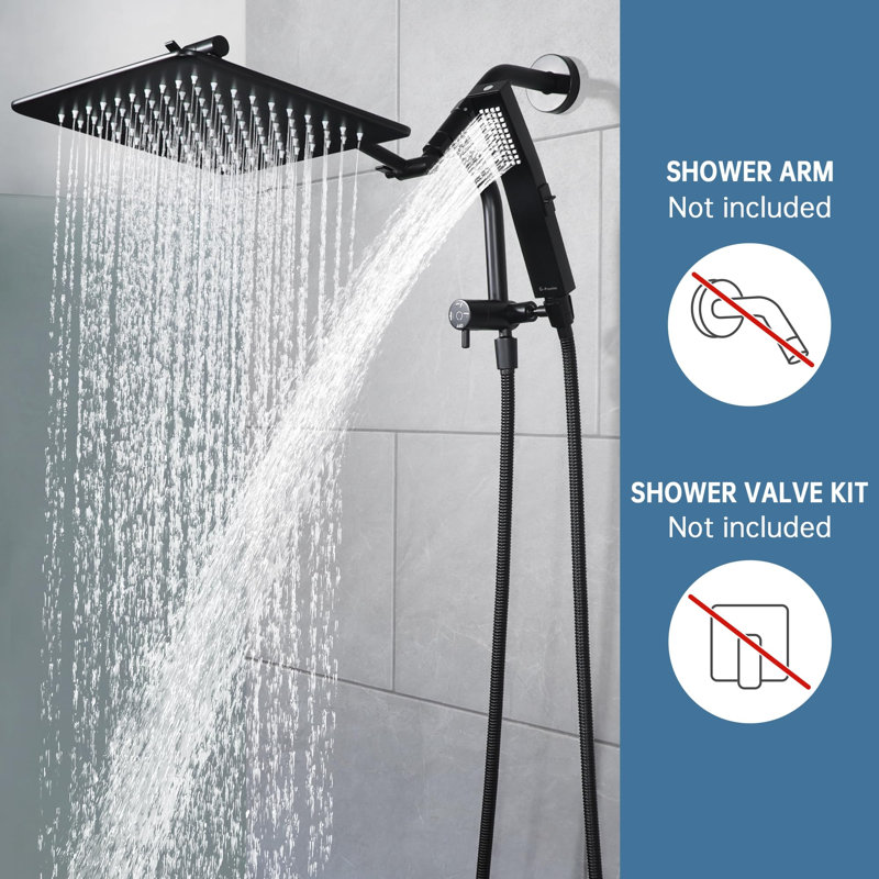 10 Inches Rain Shower Head, 3-Way Diverter With Pause Setting,Adjustable Extension Arm, Matte Black