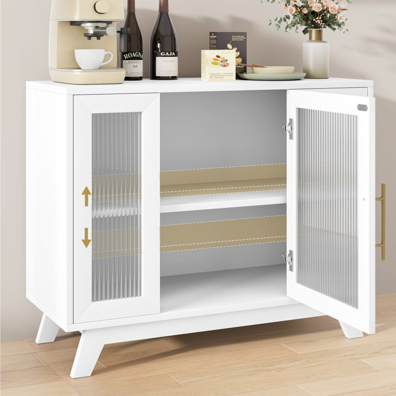 Buffet moderne avec portes en verre cannelé, armoire de rangement 36 po avec tablette réglable, armoire à café en bois, armoire d'appoint pour la cuisine, le salon